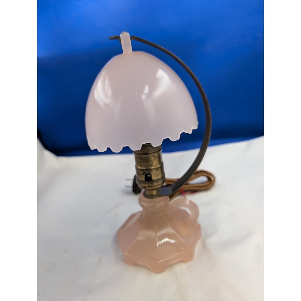 Vintage Pink Glass Dresser Lamp W Hanging Shade Brass Etched Arm Art Deco Table